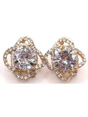 Vintage Gold-Tone Clip-On Earrings With Large Round Clear Rhinestones & Pave Set